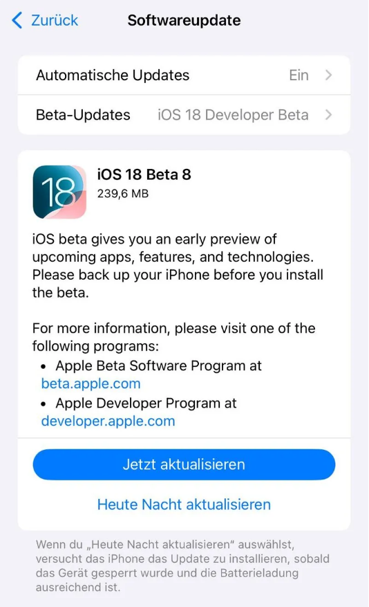 牟定苹果手机维修分享苹果 iOS / iPadOS 18 开发者预览版 Beta 8 发布 